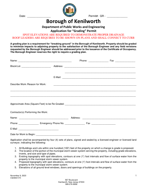 First page of the Grading Permit Application