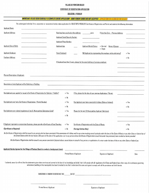 First page of the Solicitor and Peddler Certificate of Registration Application