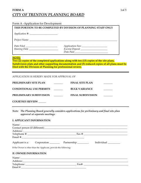 First page of the Form A Application for Development