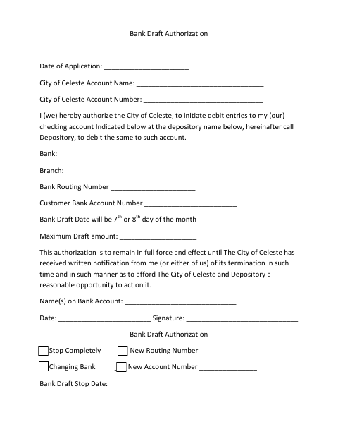 First page of the Bank Draft Authorization