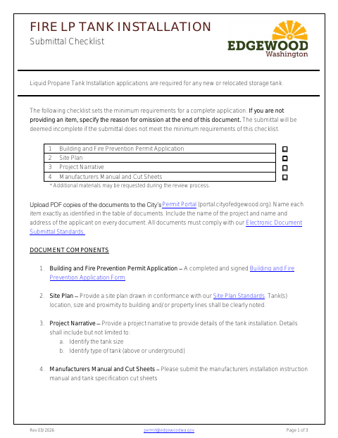 First page of the Fire LP Tank Installation Submittal Checklist
