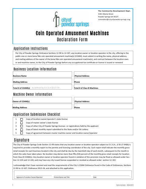 First page of the Coin Operated Amusement Machines Declaration Form