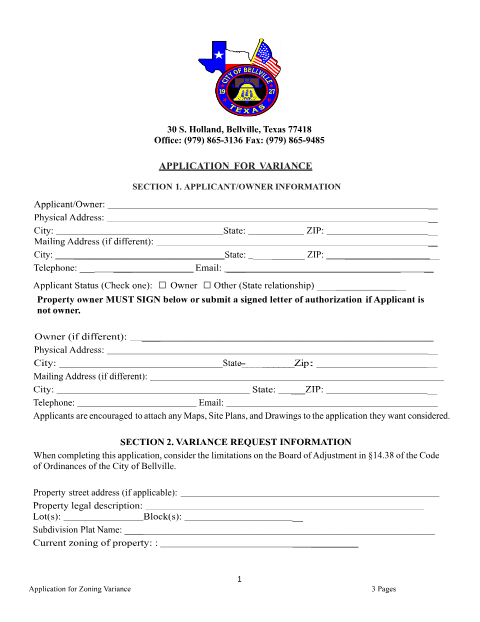 First page of the Application for Zoning Variance