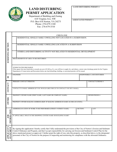First page of the Land Disturbing Permit Application