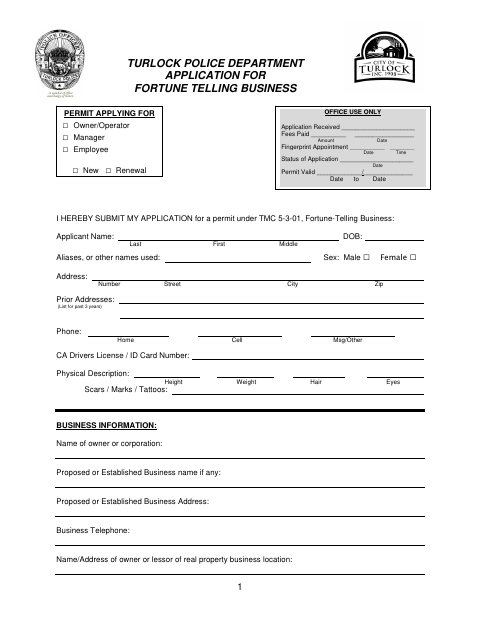 First page of the Application for Fortune Telling Business