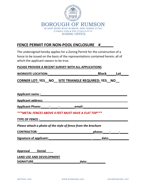 First page of the Fence Permit for Non-Pool Enclosure