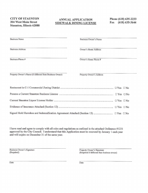 First page of the Sidewalk Dining License Application