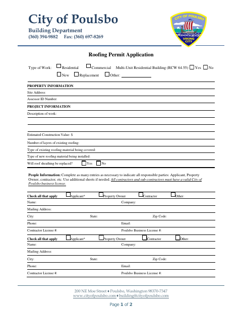 First page of the Roofing Permit Application