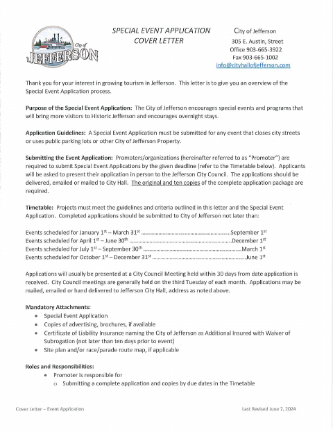 First page of the Special Event Application