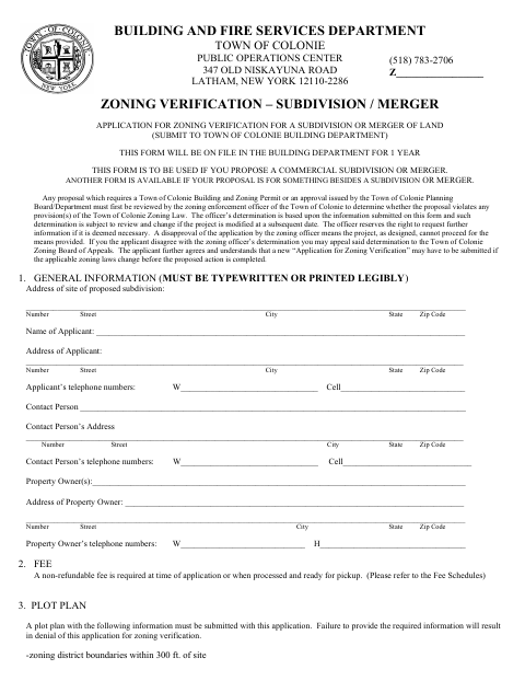 First page of the Zoning Verification – Subdivision/Merger Application