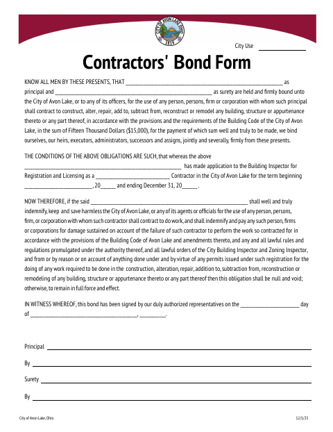 First page of the Contractors' Bond Form