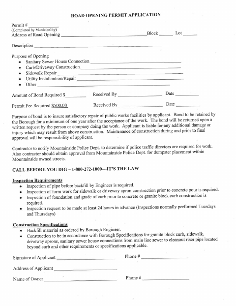 First page of the Road Opening Permit Application