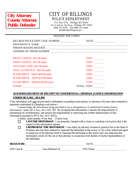 First page of the Police Department Request for Copies