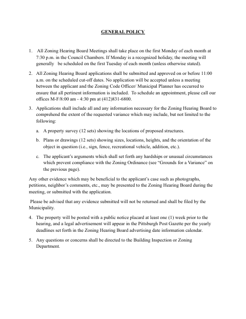 First page of the Variance Request / Zoning Hearing Board Application