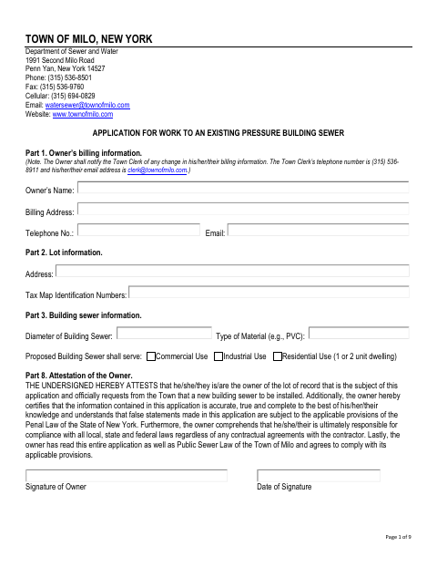 First page of the Application for Work to an Existing Pressure Building Sewer