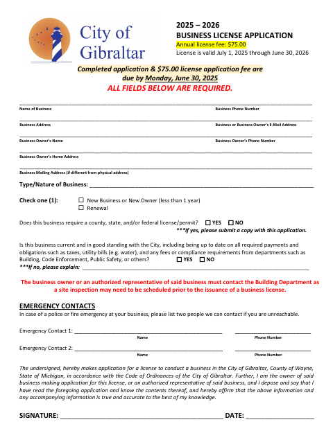 First page of the 2025–2026 Business License Application