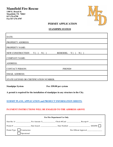 First page of the Standpipe System Permit