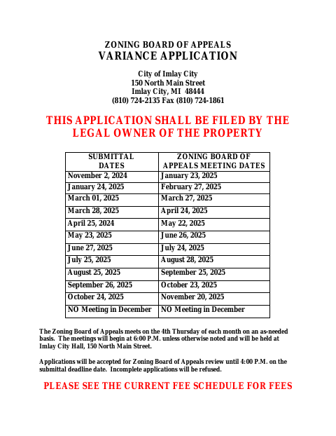 First page of the Zoning Board of Appeals Variance Application