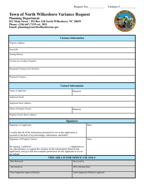 First page of the Variance Request