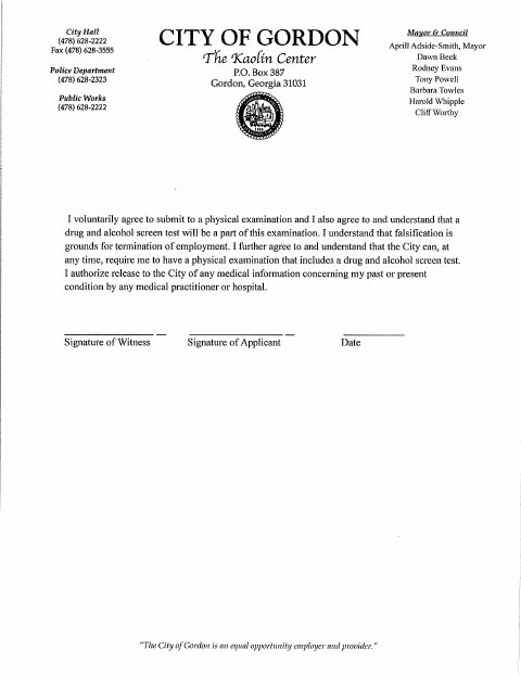 First page of the Physical Exam Consent Form