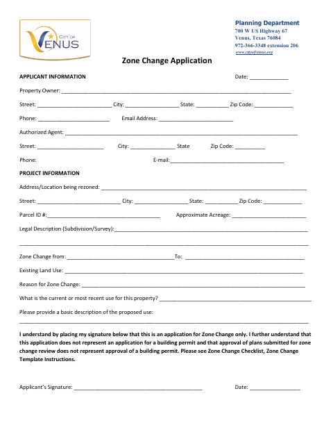 First page of the Planned Development Application Zone Change