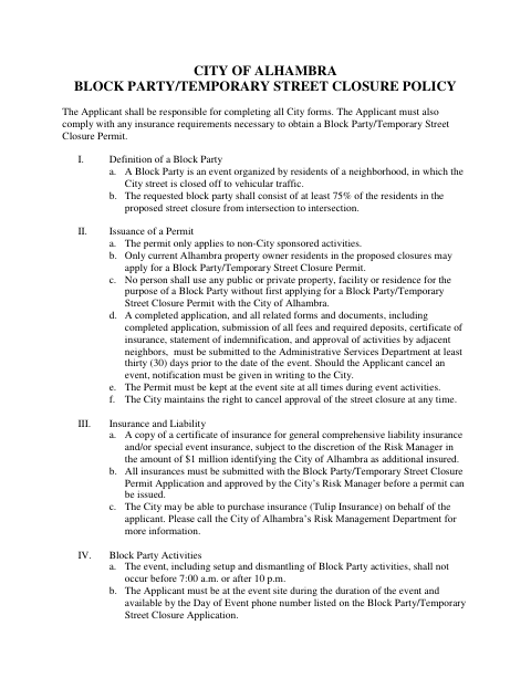 First page of the Block Party Application and Policy