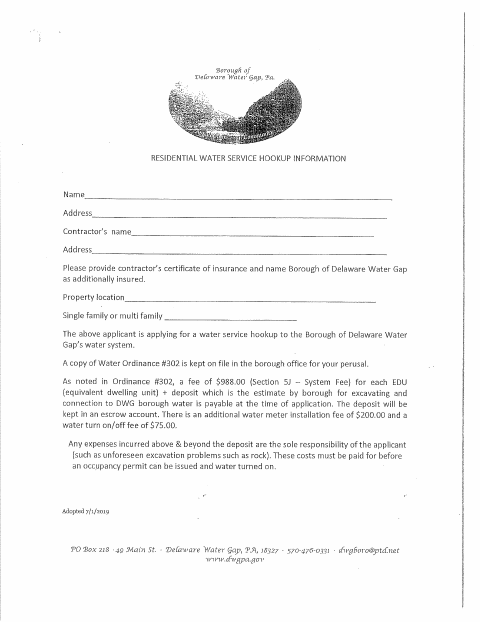 First page of the Residential Water Hookup Application