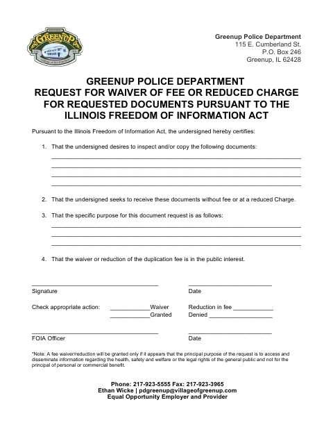 First page of the Request for Waiver of Fee or Reduced Charge for Requested Documents