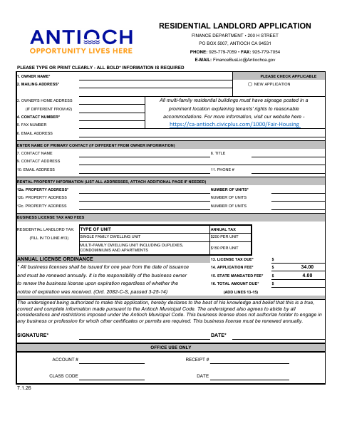 First page of the Residential Landlord Application