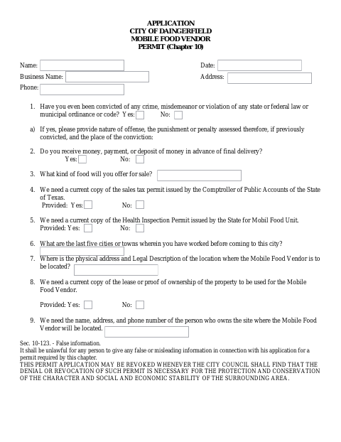 First page of the Mobile Food Vendor Application