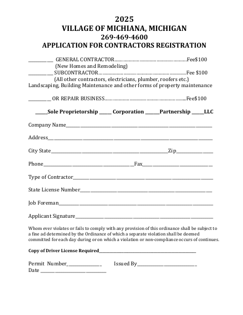 First page of the Application for Contractors Registration
