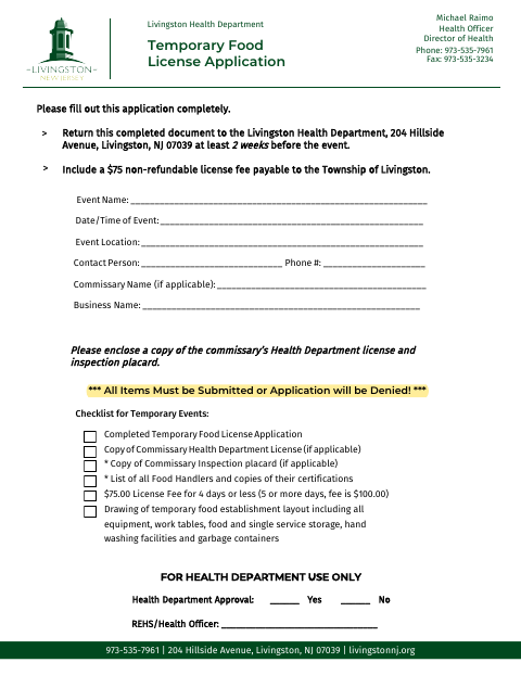 First page of the Temporary Food License Application