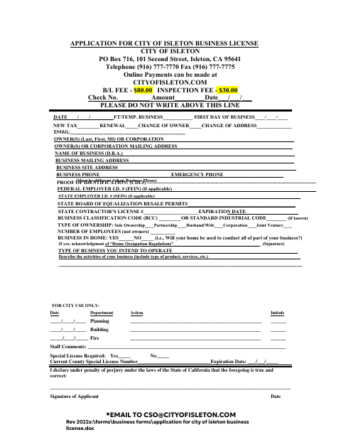 First page of the Business License Application