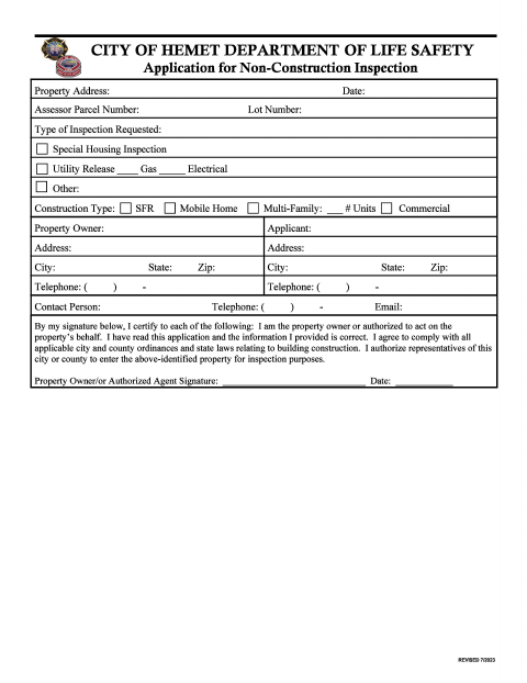 First page of the Application for Non-Construction Inspection