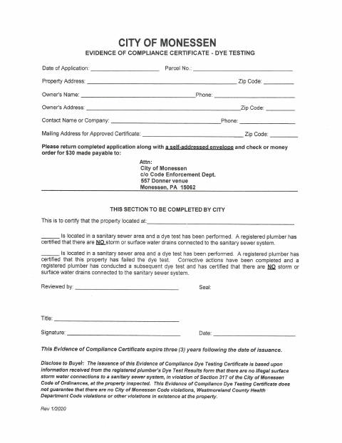 First page of the Evidence of Compliance Certificate – Dye Testing