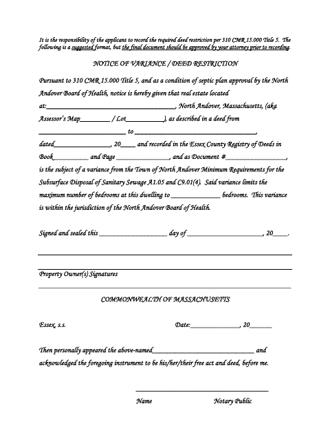 First page of the Notice of Variance / Deed Restriction