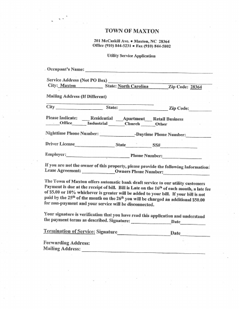 First page of the Utility Service Application