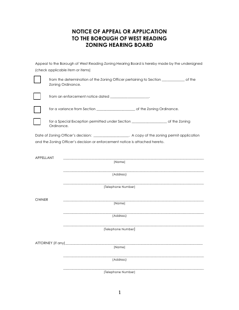 First page of the Notice of Appeal or Application to the Zoning Hearing Board