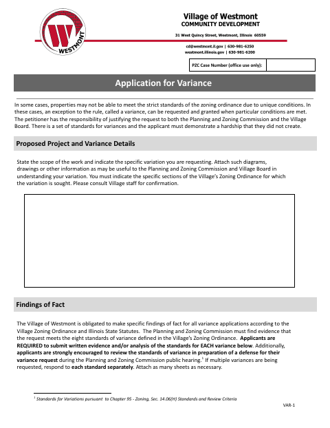 First page of the Application for Variance