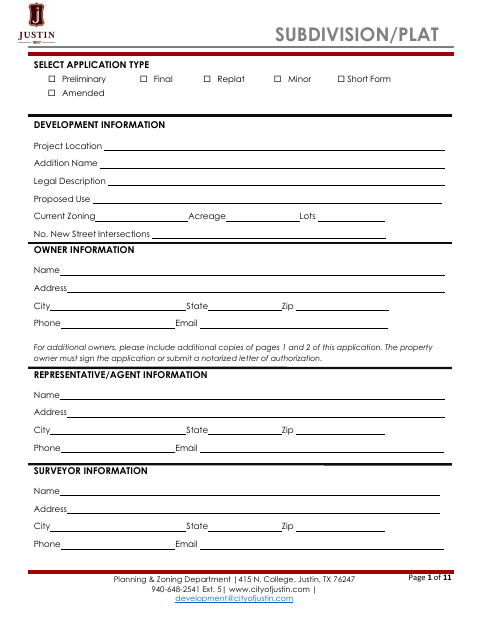 First page of the Subdivision Plat Application