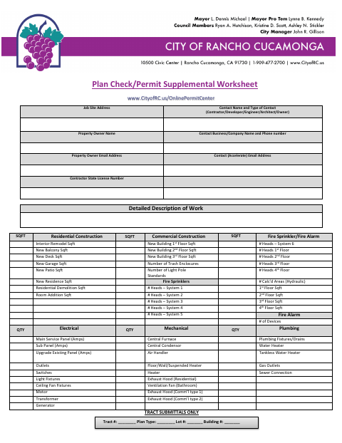 First page of the Plan Check/Permit Supplemental Worksheet
