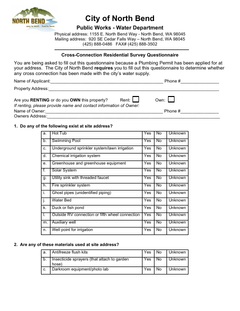 First page of the Cross-Connection Residential Survey Questionnaire