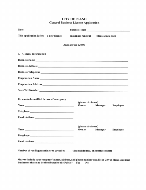First page of the General Business License Application