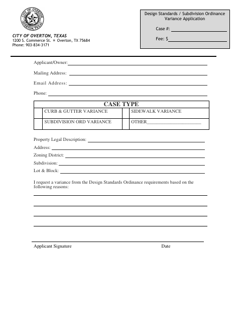 First page of the Design Standards / Subdivision Ordinance Variance Application