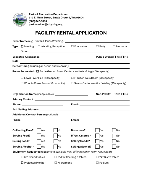 First page of the Facility Rental Application