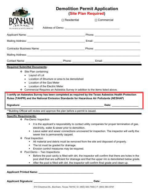 First page of the Demolition Permit Application