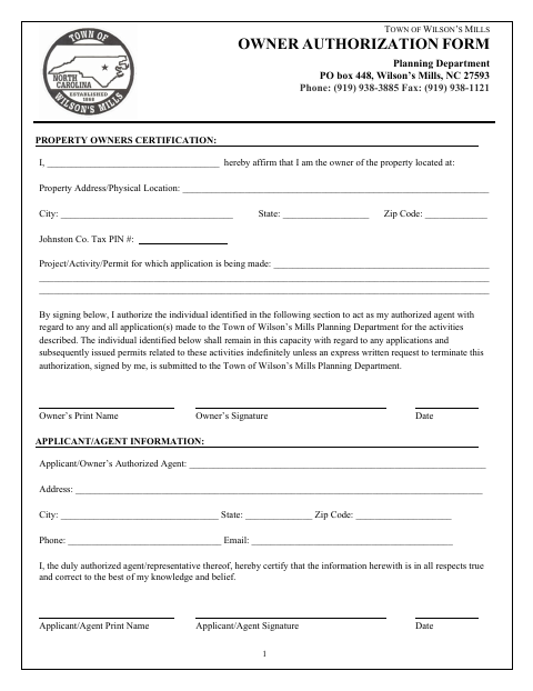 First page of the Owner Authorization Form