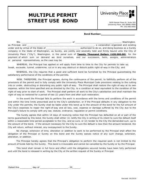 First page of the Multiple Permit Street Use Bond