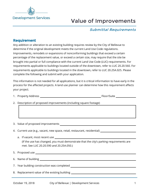 First page of the Value of Improvements Submittal Requirements
