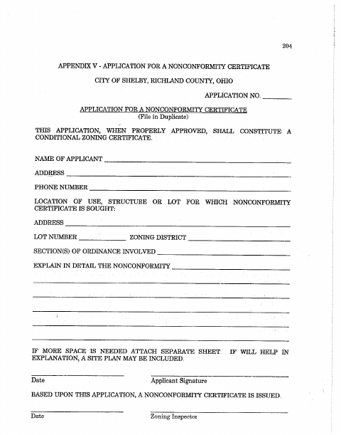 First page of the Application for a Nonconformity Certificate